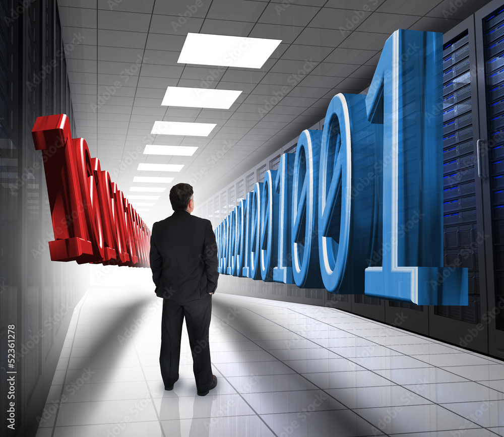 Poster Businessman looking at 3d binary code in data center