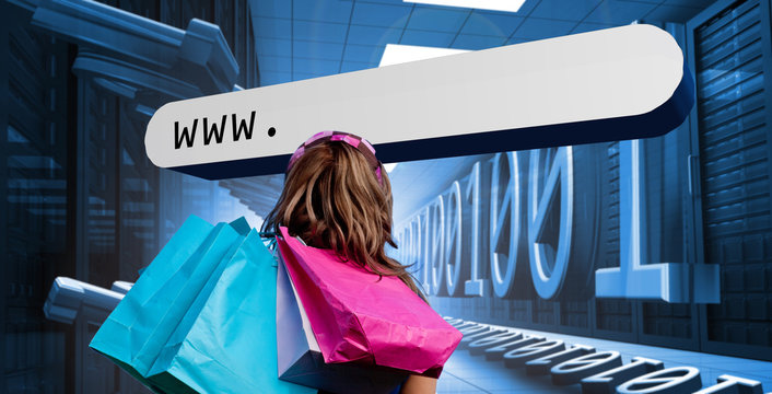 Girl with shopping bags looking at address bar - Powered by Adobe