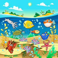 Obraz na płótnie Canvas Family of funny fish in the sea.