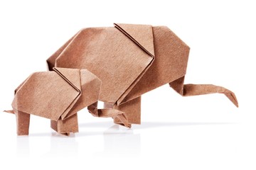 Origami two elephants out of brown paper isolated on white