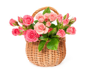 Pink roses in a wicker basket