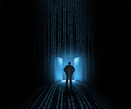 Businessman standing at the doors of opportunity
