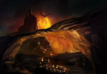 Poster Im Rahmen Fantasy-Illustration der mittelalterlichen Armee, die den fliegenden Feuerdrachen in der Nähe des Schlosses bekämpft. © breakermaximus