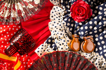 Espana typical from Spain with castanets rose flamenco fan - obrazy, fototapety, plakaty