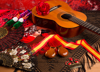 Cassic spanish guitar with flamenco elements - obrazy, fototapety, plakaty