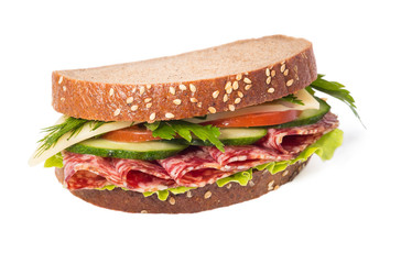 Sandwich with sausage and vegetables, isolated on a white backgr