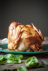 Roast Chicken on the Wooden Table, dark background