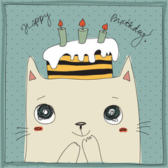Beautiful happy birthday greeting card with cat and cake - 52374404