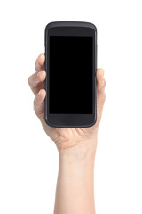 Woman hand showing a black mobile phone screen