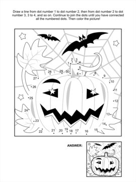 Dot-to-dot and coloring page - Halloween pumpkin