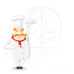 vector illustration of chef holding cloche in kitchen