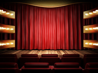 red fabric curtain on golden stage