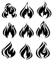 Fire flames, set black icons