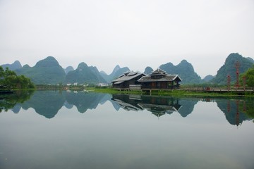 Guilin scenic river and hills.