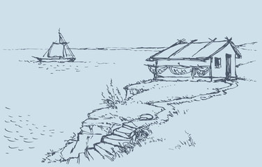 Vector landscape. Fisherman's hut on a cliff near sea