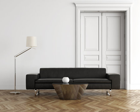 Fototapeta Contemporary classic living room, black leather sofa, wood floor