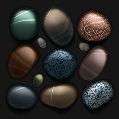 Stones pebble collection isolated on black, vector Eps10 image.