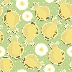 cebula cała i plasterki na tle w kropki retro nieskończony deseń © demonique