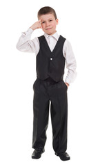 boy touching finger to his forehead