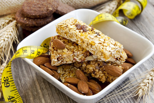 Muesli bars and almonds,diet concept