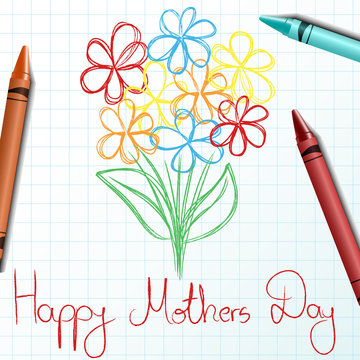 Children drawing for mothers day with crayon and flower