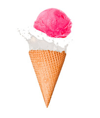 Ice cream with milk splash, isolated on white background