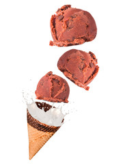 Ice cream with milk splash, isolated on white background