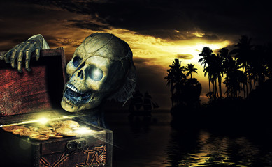 Pirate opening a chest full of gold coins