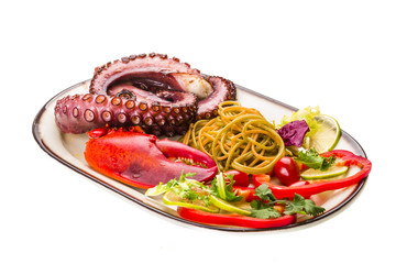 Seafood pasta with octopus and lobster leg