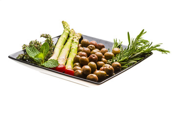 Olives, asparagus, rosemary, mint, thyme and tomato