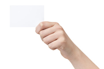 female teen hand showing blank paper card