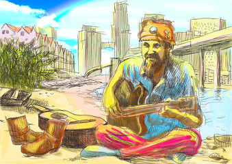 Bearded hippie man playing the guitar (full sized hand drawing)