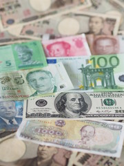 Banknotes - dollar, euro, yen, yuan, ringgit, baht, dong, riel