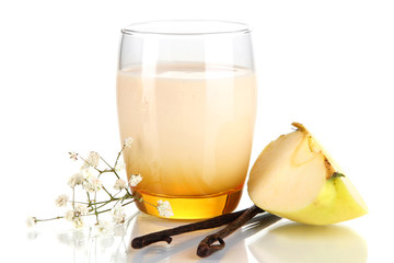 Delicious yogurt in glass with apple isolated on white