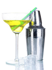 Cocktail shaker and cocktail isolated on white