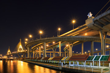 Curve of expressway by river in Bangkok at night