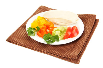 Boiled chicken breast on plate with vegetables isolated on