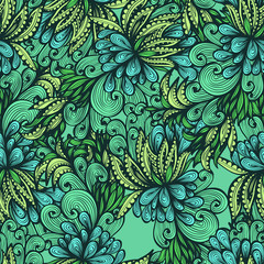 Seamless green hand drawn background with expressive leaves