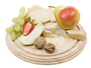 cheese and fruit on a white background