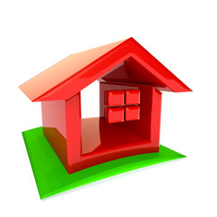 Red house with windows and grass