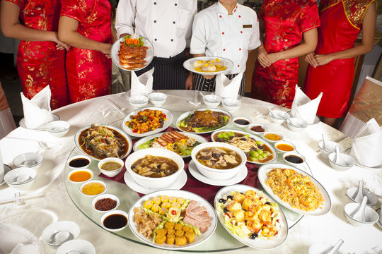 Chinese food, Chinese food with chef and cheongsam waitress
