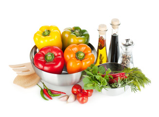 Fresh bell peppers, herbs and condiments