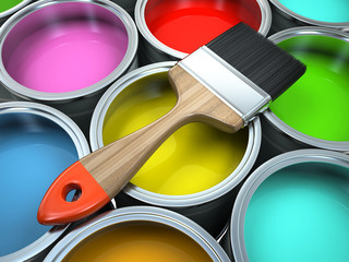 Banks of multicolored paint and brush