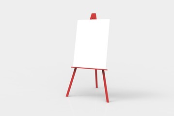A red easel with a blank white canvas on it.