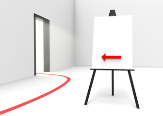 One easel with canvas and arrow pointing at a bright doorway.