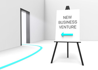Easel with sign "New business venture" Arrow pointing at doorway
