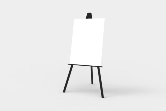 A black easel with a blank white canvas on it.
