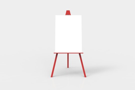 A red easel with a blank white canvas on it.