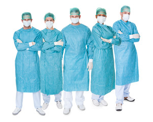 Group of surgeons over white