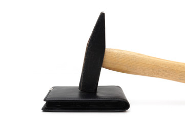 concept of money problems with empty wallet and hammer